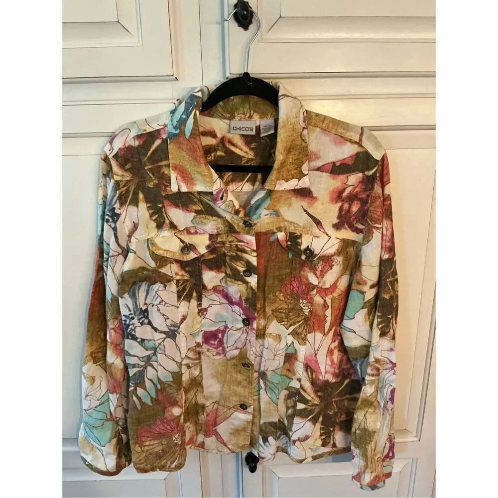 Chico’s Women’s 100% Linen Button Up Shacket Shirt Blouse Sz 12 (Chicos 2)